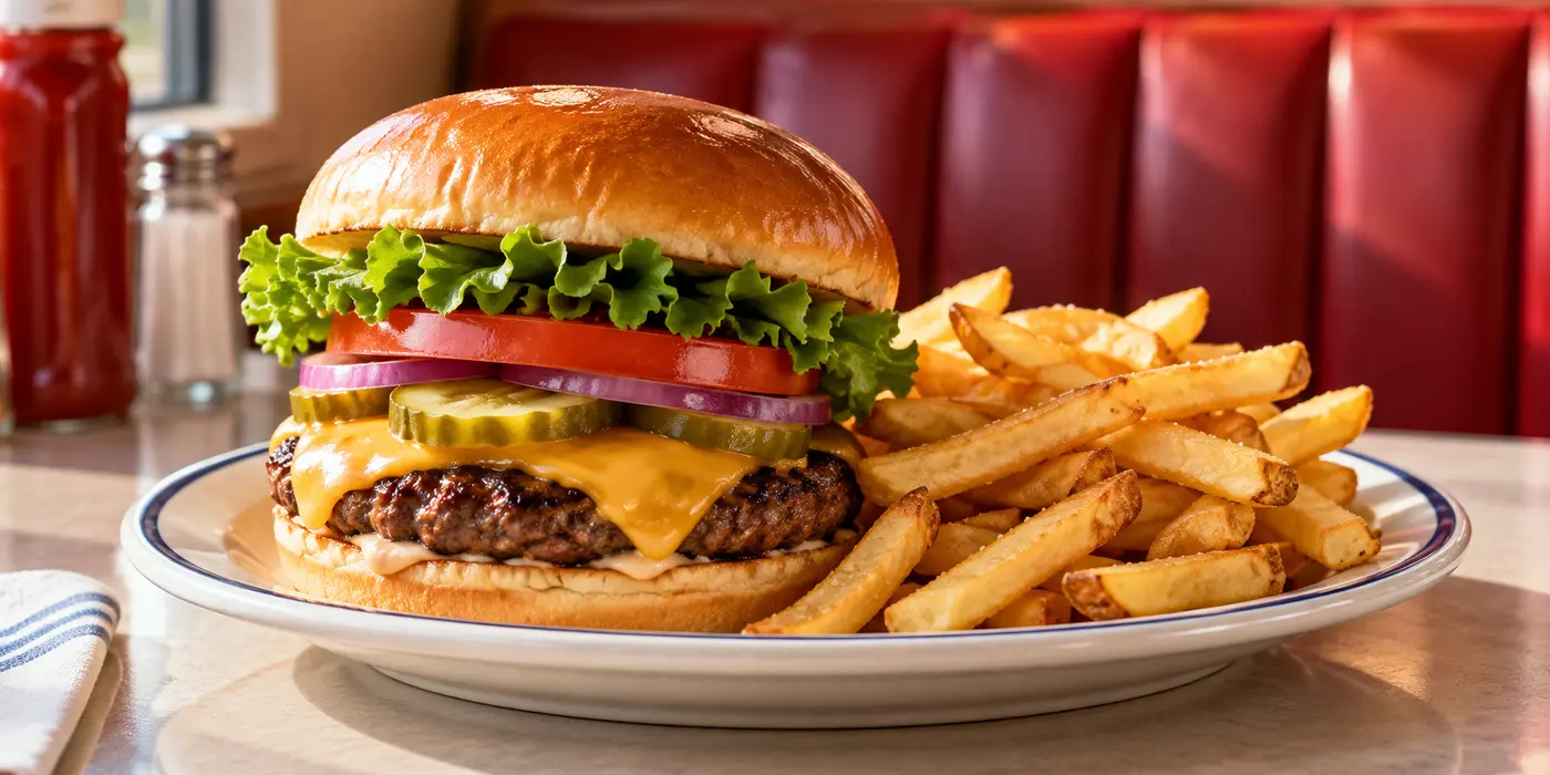 Fresh diner cheeseburger and fries