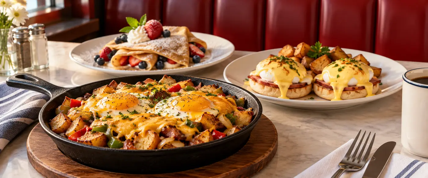 Breakfast skillet, eggs Benedict and crepes